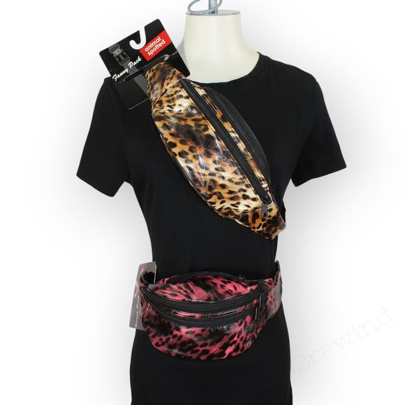 2 New 80s Animal Print FannyPack BeltBag Textured Vinyl Pockets Waisties - Picture 7 of 9